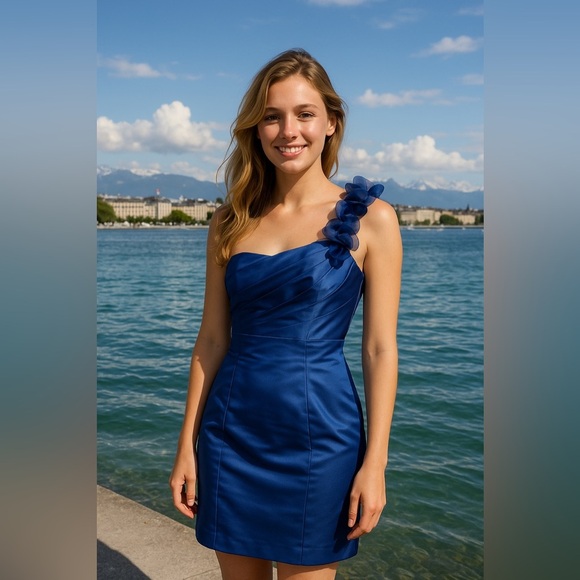 Elegant Blue One-Shoulder Dress Alfred Angelo size US10 - Picture 1 of 11